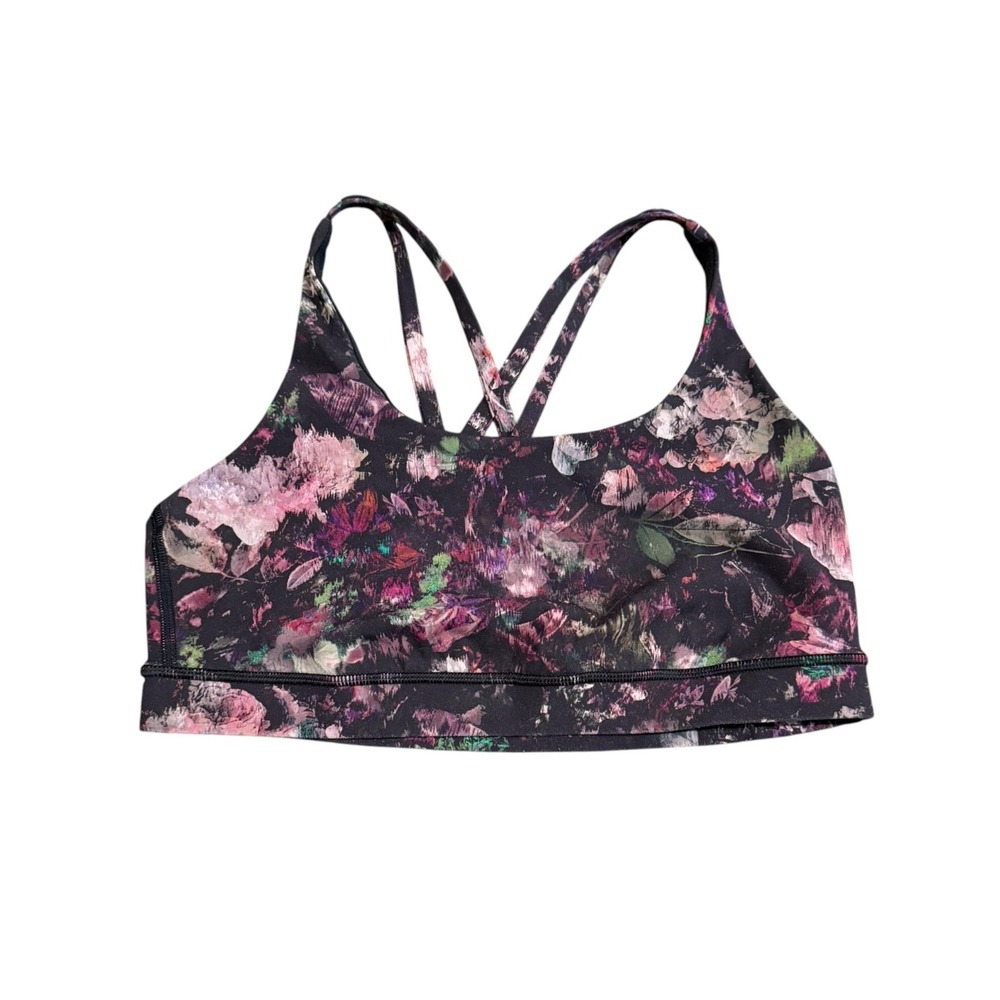 Lululemon Energy Bra Sz 10 Purple Black Floral Illusion Strappy Workout Yoga Gym